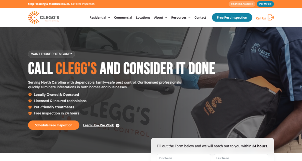 Clegg's Pest Control website homepage