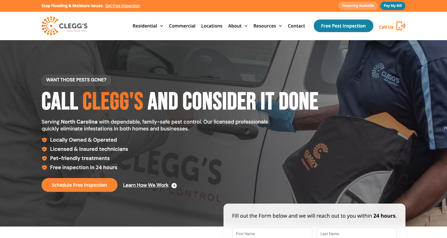 Clegg's Pest Control website homepage
