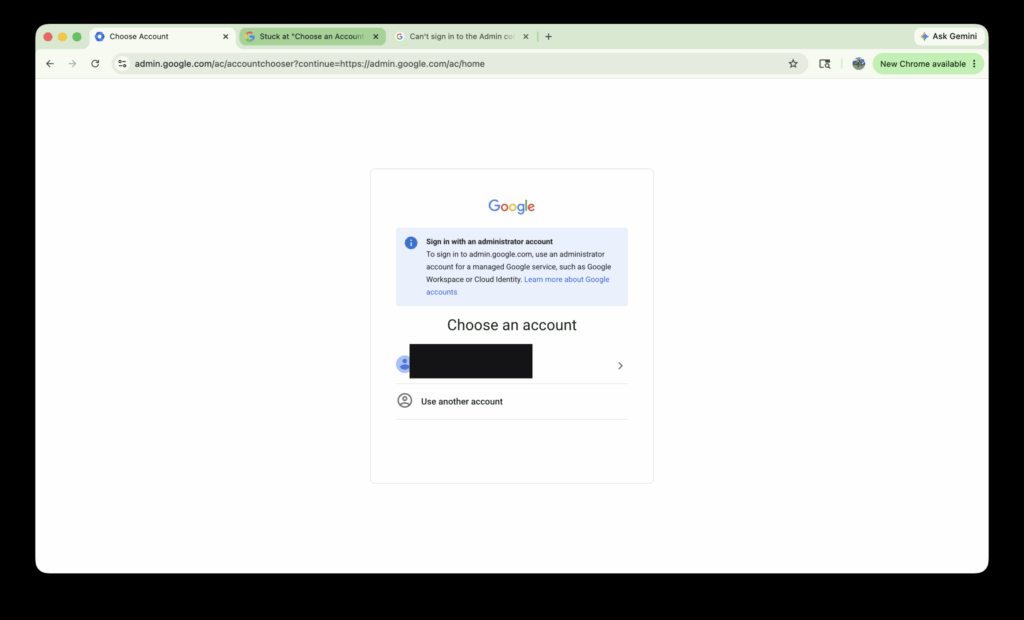 Google Workspace admin console stuck on the Choose an account screen with the Sign in with an administrator account message