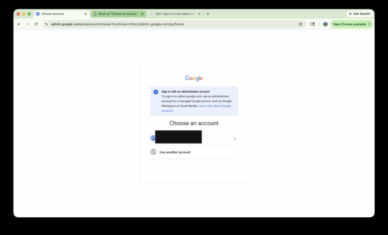 Google Workspace admin console stuck on the Choose an account screen with the Sign in with an administrator account message