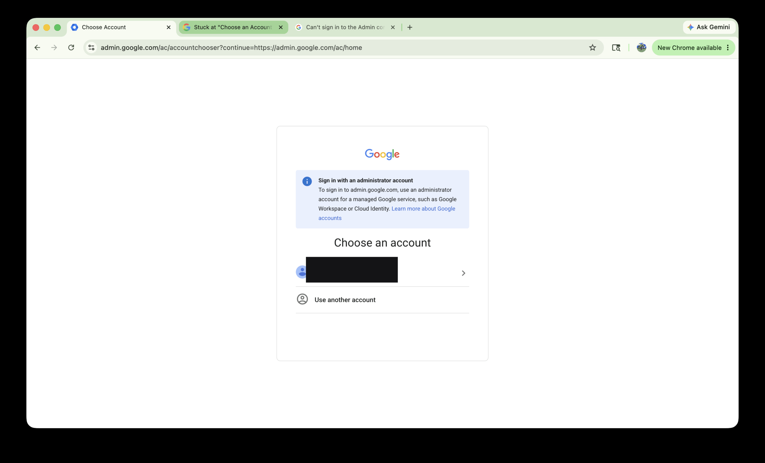 Google Workspace admin console stuck on the Choose an account screen with the Sign in with an administrator account message