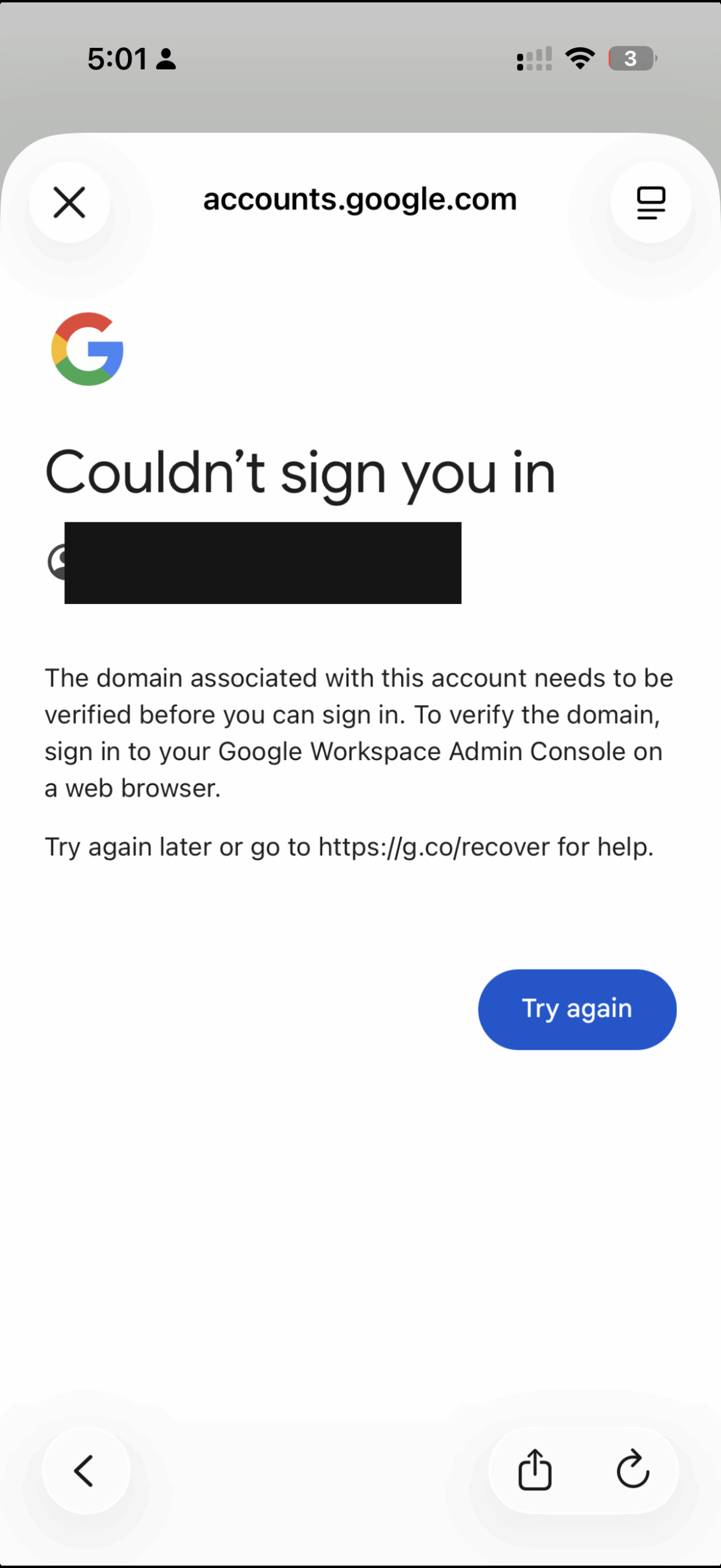 Google error message: the domain associated with this account needs to be verified before you can sign in