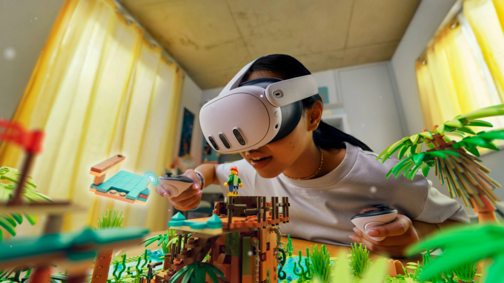 Person using Meta Quest 3 VR headset with mixed reality LEGO experience
