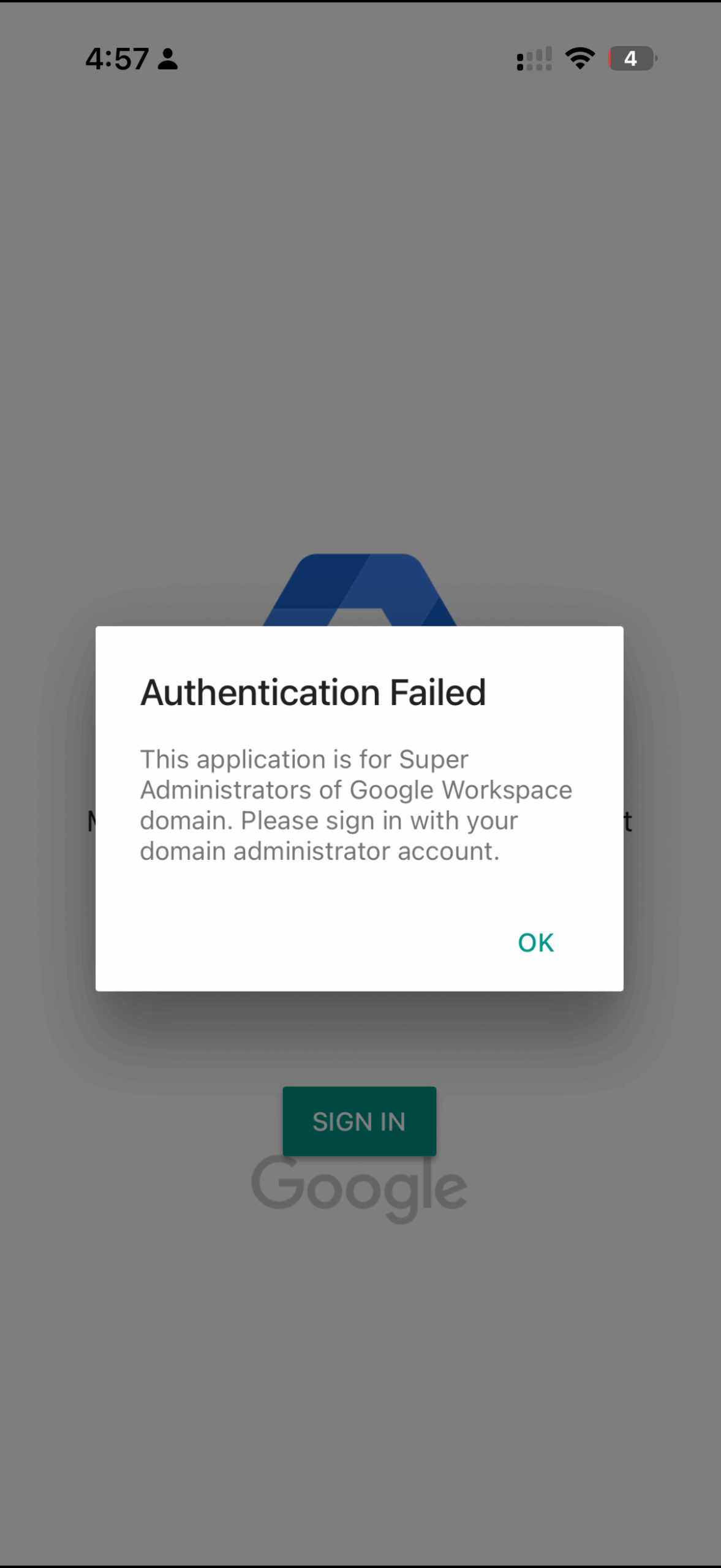 Google Admin app error reading This application is for Super Administrators, please sign in with your domain administrator account