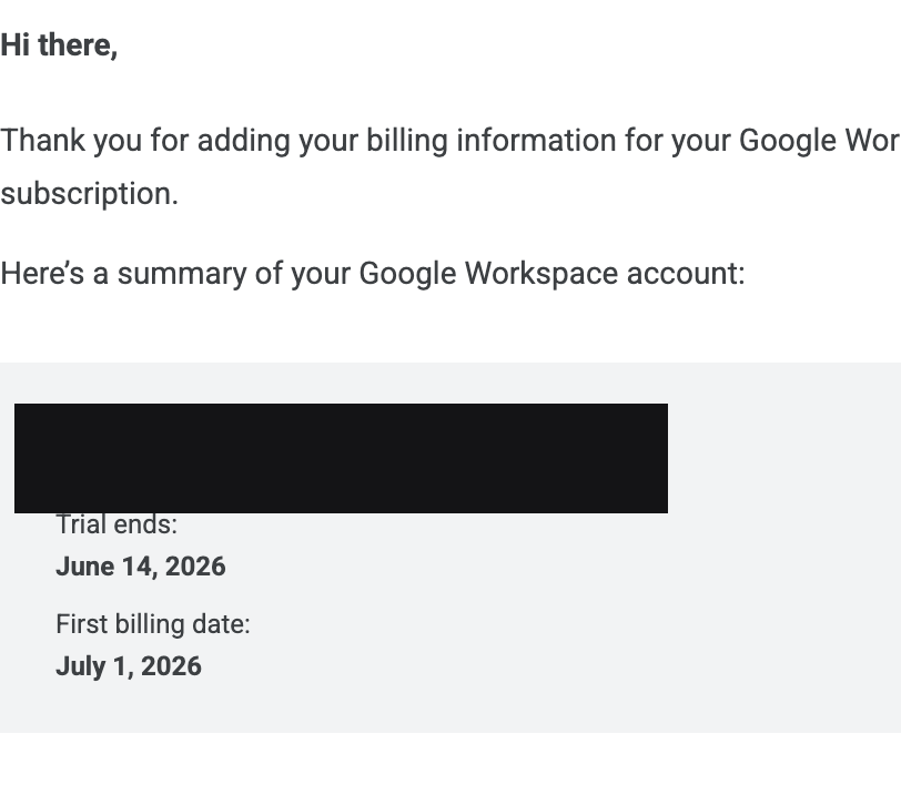 Google Workspace billing email confirming an active free trial subscription